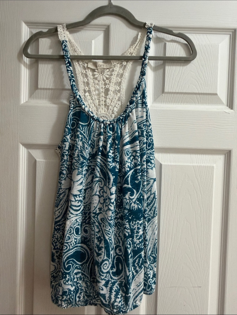 LOFT Teal and White Paisley Crochet-Back Camisole
